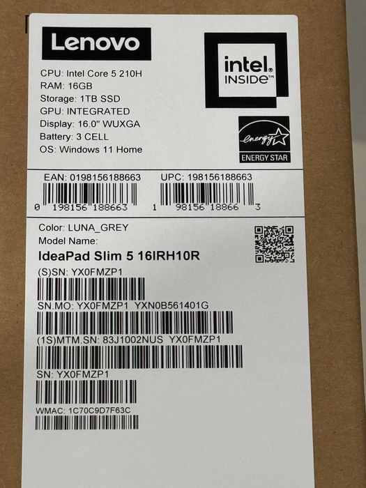 Intel Core 5 210H 16GB/1TB SSD  16" IPS Ноутбук Lenovo IdeaPad Slim 5i