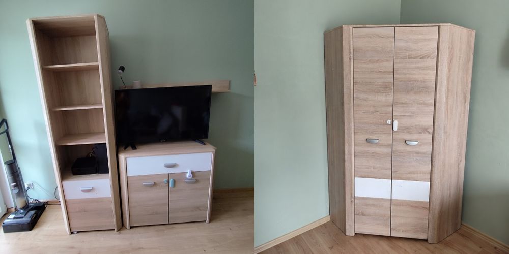 Meble : szafa narożna, komoda i słupek