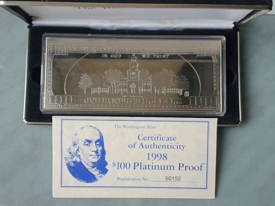 СРІБНА пластина вкрита Платиною! 100$ США ФРАНКЛІН!1998р. ПРУФ. СРІБЛО