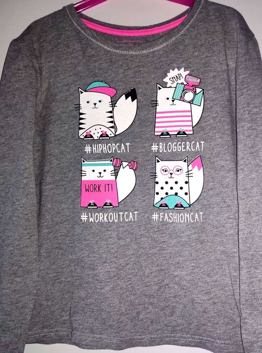szara bluzka koszulka z dł. rękawem koty bawełna r. 152