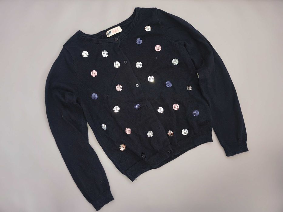 sweter sweterek h&m 122/128 cekiny zapinany na guziczki granatowy