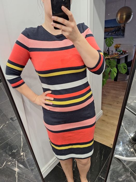 Sukienka tuba midi kolorowa na wiosnę w paski wyszczuplająca bawełna d