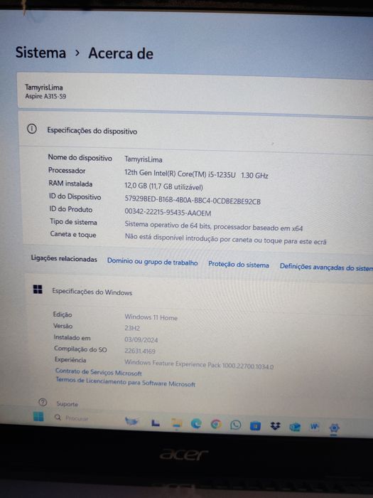 Vendo portátil Acer, Windows 11, 12 gb de RAM, memória SSD 500