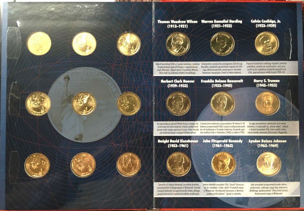 1 dolar 2007 - 2020 ; pełna kolekcja monet z serii "Prezydenci USA"