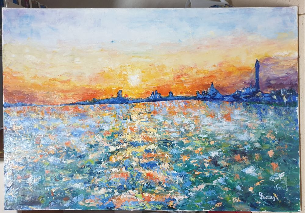 Lindissima pintura "por do sol de Veneza" em óleo sobre tela assinada