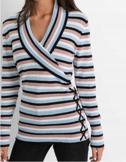 B.P.C dzianinowy sweterek z założeniem kopertowym w paski ^48/50