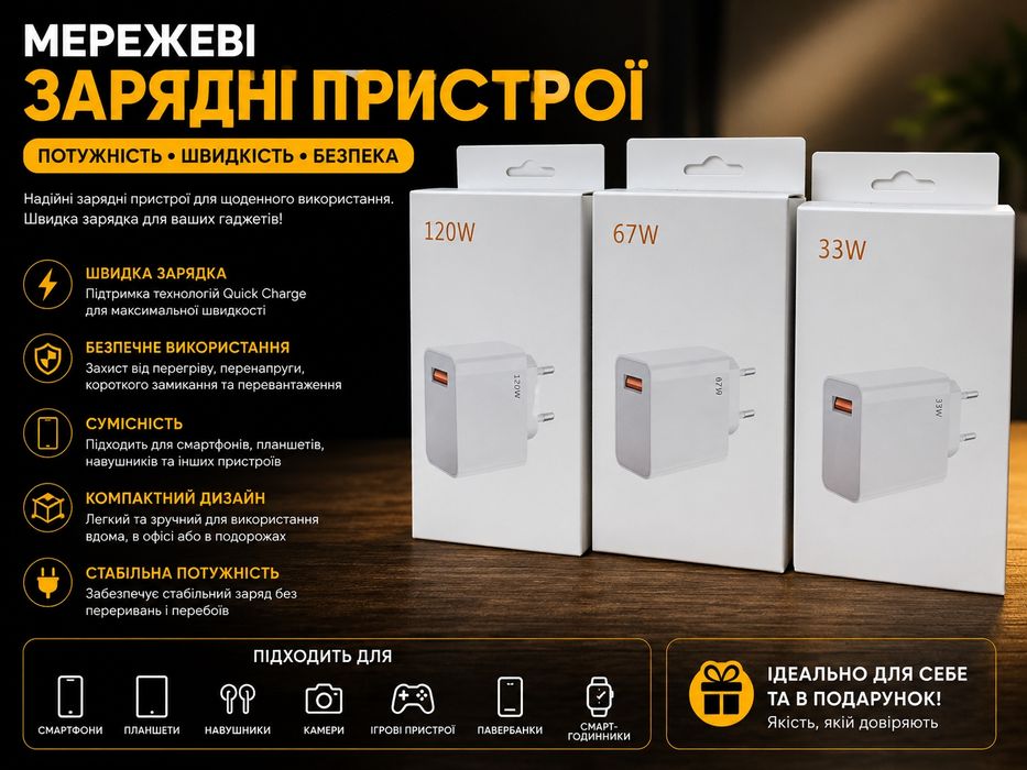 Блочок Швидка Зарядка 33W, 67W, 120W.