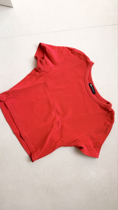 Crop top Zara M 38 Czerwony Bawełniana Krótka letnia bluzka Krótki rękaw