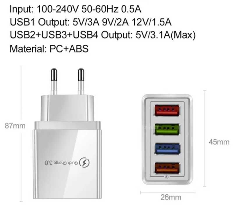 Сетевое зарядное 4 usb юсб для телефона планшета QC3.0 3A: 100 грн ...