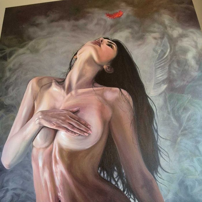 „Czerwone piórko” – Wielki Obraz Olejny | 150x100 cm | Unikat | VibRaMy