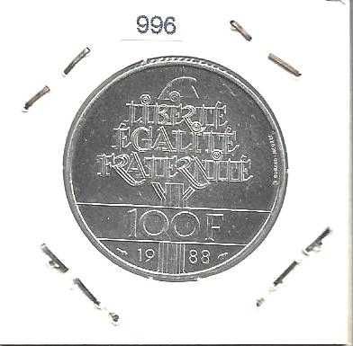 França - - - 100 Francs - 1988 - Fraternidade - - - Moeda de Prata