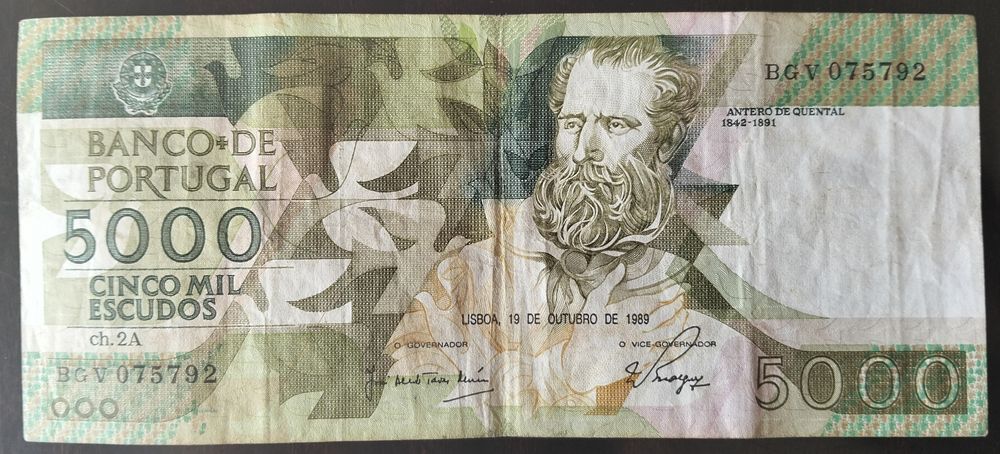 Lote 8 Notas 5000$ 1987/1989/1991/1993 Antero Quental Excelente Estado