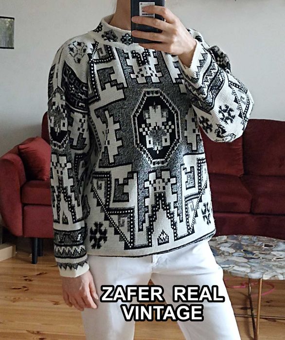 Gruby turecki sweter ZAFER czarno-biały półgolf