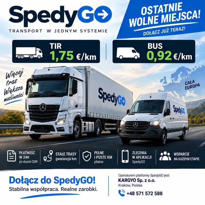 Spedycja – Stała współpraca z przewoźnikami | Busy 2,5t / 3,5t | Solówki 7,5t / 12t / 18t DMC System i aplikacja SpedyGO | OSTATNIE WOLNE MIEJSCA!