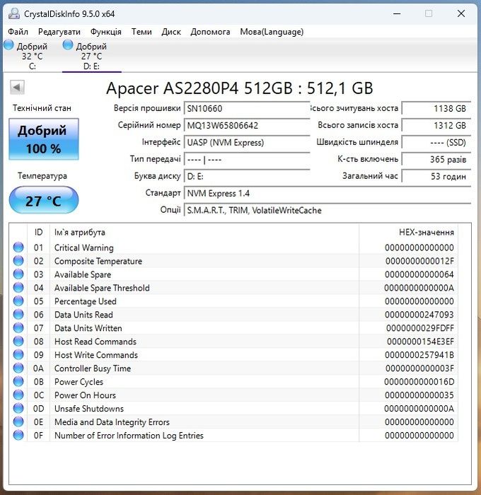 Seagate, Apacer, Samsung SSD M.2 NVMe 500GB / 512GB Чудовий стан