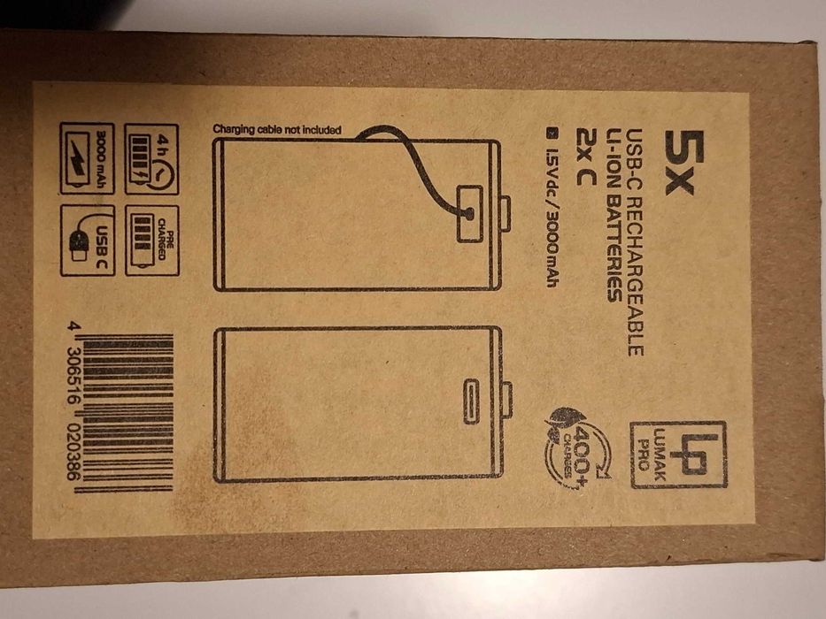 Akumulatorek R14 LR14 C 4szt Pro 3000mAh 1,5V Li ion USB-C