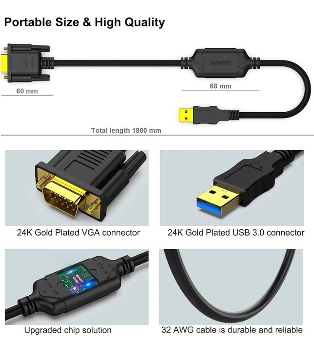 BENFEI Kabel USB 3.0 do VGA 1,8 m męski na męski