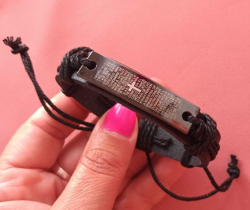 Czarna skórzana bransoletka z modlitwą "Ojcze nasz "