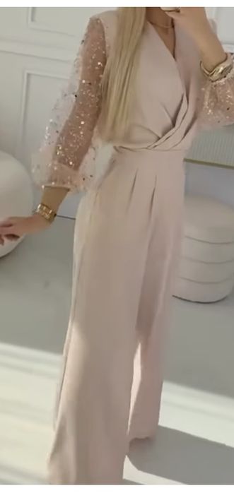 Elegancki kombinezon damski beżowy  cekiny ,szerokie spodnie. S,, M  komunia  chrzciny. wesele