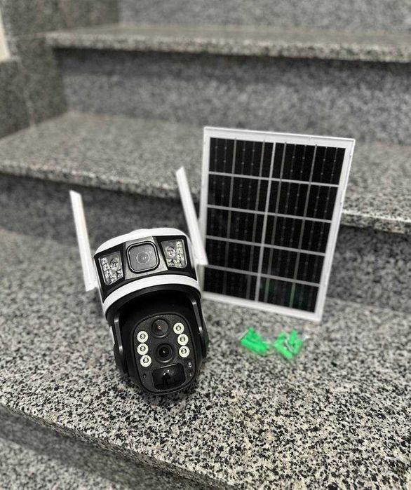 Бинокулярная 4G камера видеонаблюдения на солнечной панели уличная V10