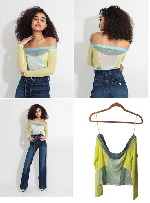 жін топ Guess, Lime Drop Green off shoulder Beatrix mesh top, XL новий
