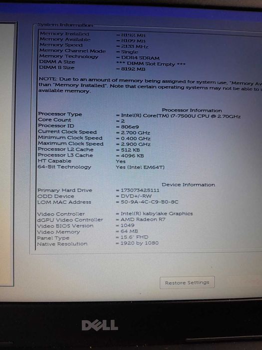 Dell Inspiron 15 Core I7 7500U FullHD 1920x1080. RAM 8gb Состояние нового.