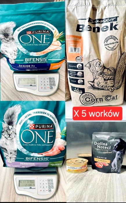 Dla kota żwirek Benek, karma Purina one. Zestaw