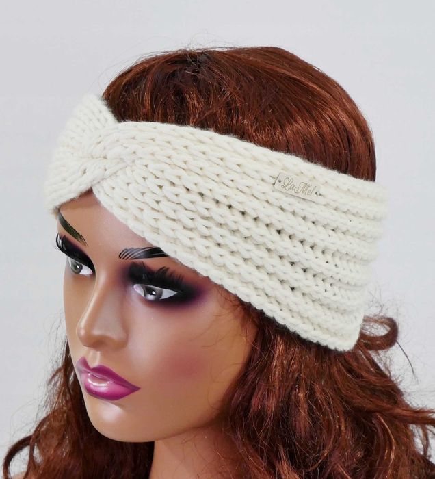 Luksusowa opaska na głowę zimowa z wełny merino extra fine handmade kremowa