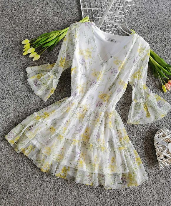 Sukienka Tiulowa Siateczka Kremowa Pastelowe Kwiaty Floral Boho Folk