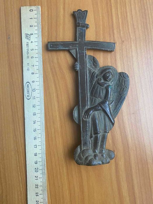 Крест с ангелом, навершие, католический крест, медн. сплав, 19см, 18в.