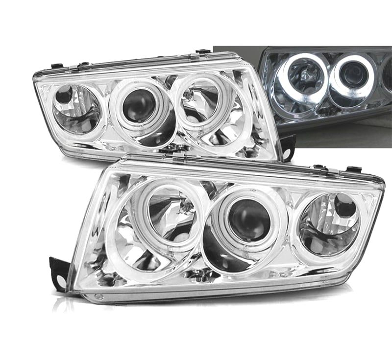 FARÓIS ANGEL EYES SKODA FABIA 99-07 FUNDO CROMADO