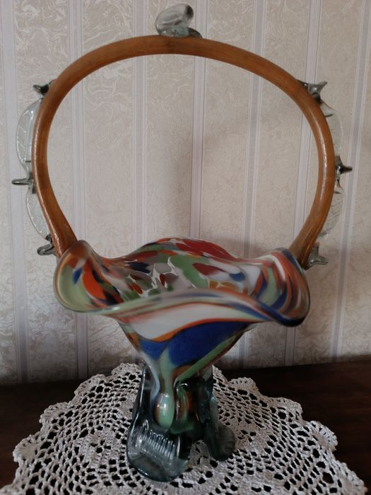 Szklany duży  koszyk prl