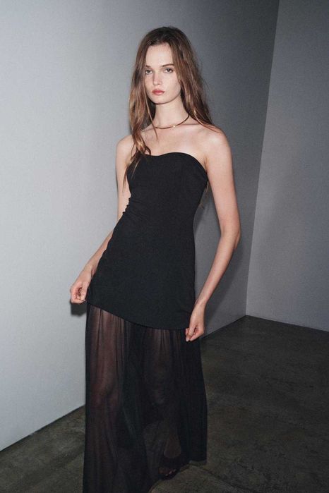 elegancka czarna sukienka ZARA 38 M bez ramiączek tiulowa