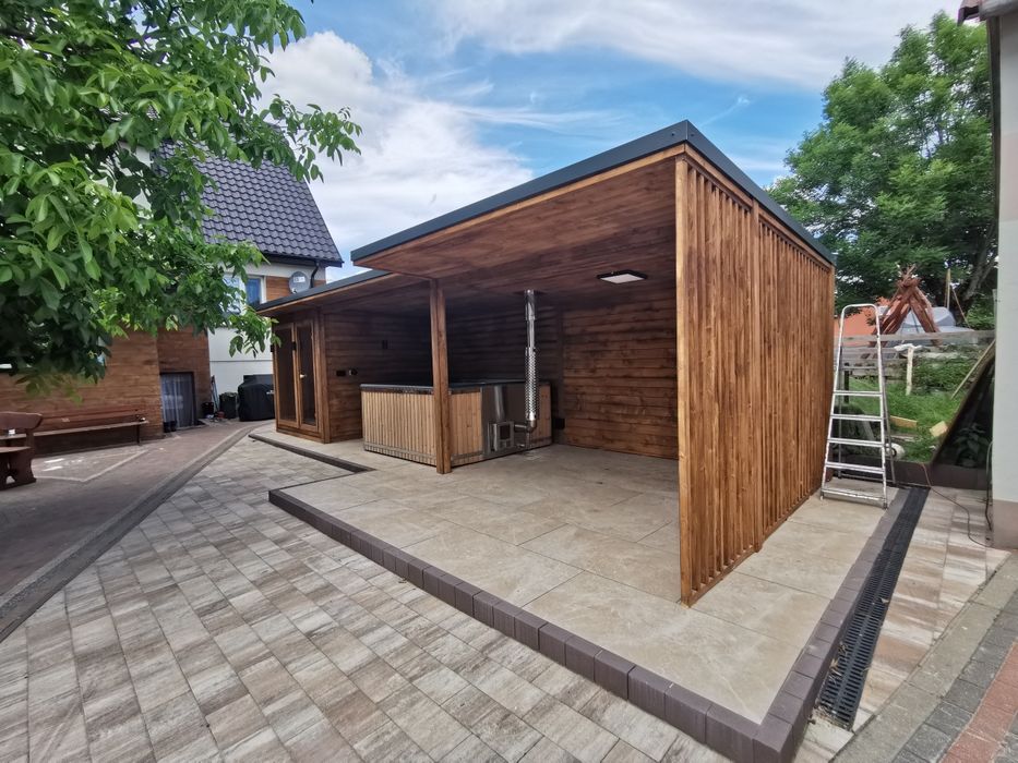Sauna ogrodowa 9 x3,5m +wiata pod jacuzzi +wiata  na bilard