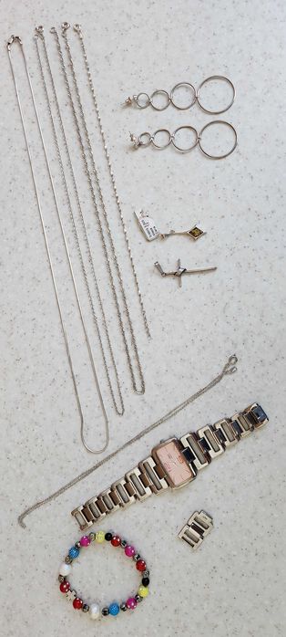 Zestaw sebrnej biżuterii-łańcuszki,kolczyki,zawieszka,zegarek nowe+bdb