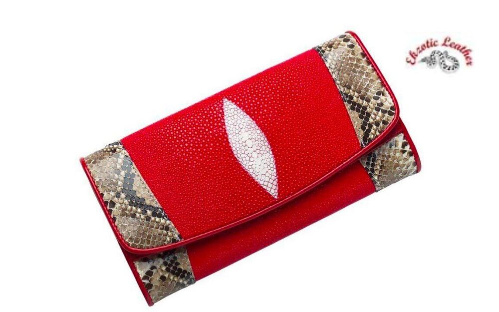 Кошелек портмоне женский из натур.кожи ската красный черный волны