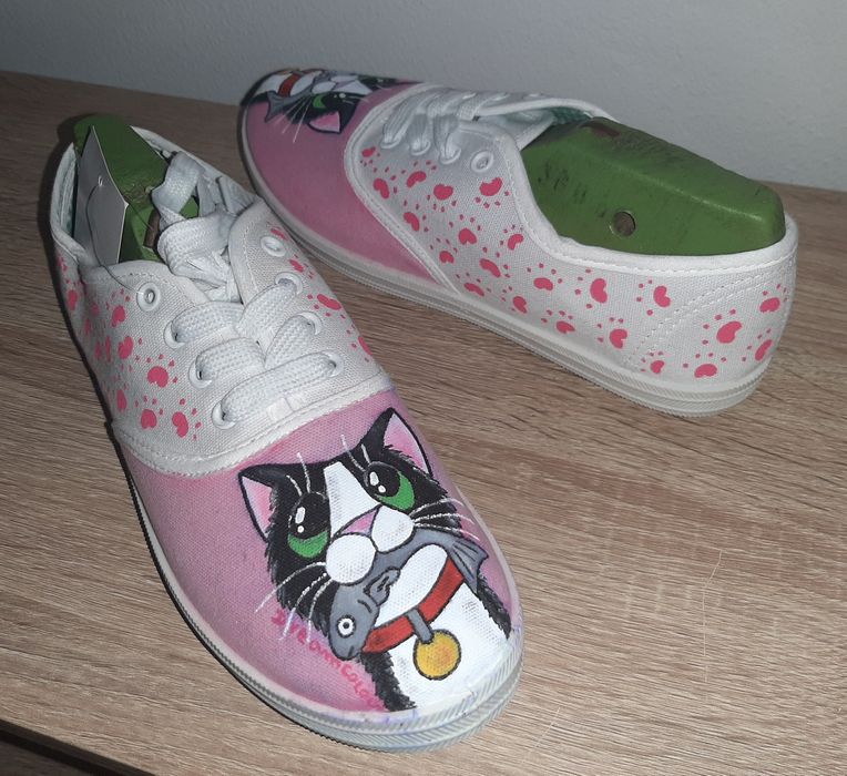 Sapatilhas gato e peixe pintura em tecido