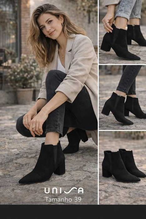 Botins de salto de camurça preta com bico fino n.39