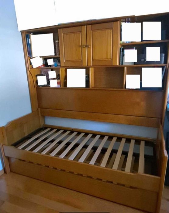 Cama dupla com móvel em pinho maciço como NOVO