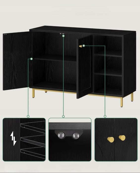 Szafka stojąca komoda kredens 100cm Pojemna GLAMOUR Czarna złote nóżki