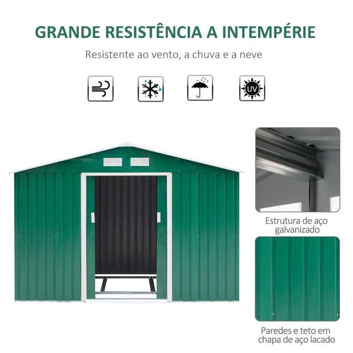 Abrigo de Jardim em Aço 277x195x192 cm – Porta Dupla e 4 Ventilações