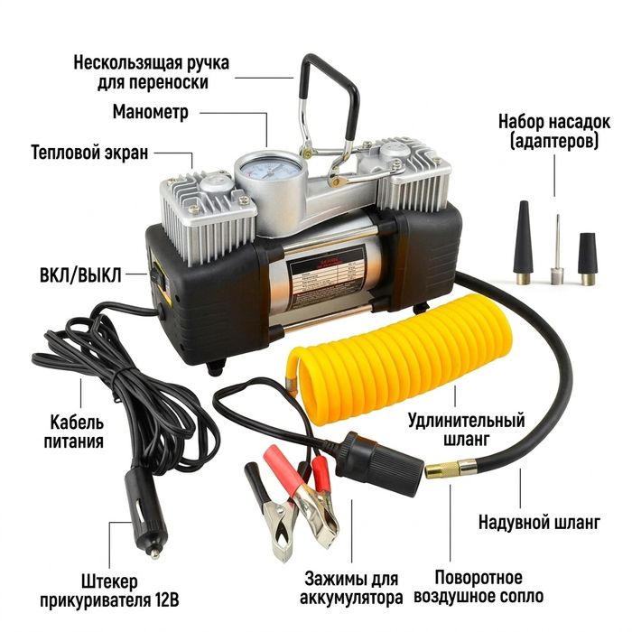 Двухцилиндровый компрессор автомобильный! Оплата при получении