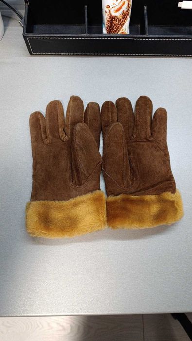 Рукавички з натуральної шкіри та хутра коричневі, дуже теплі