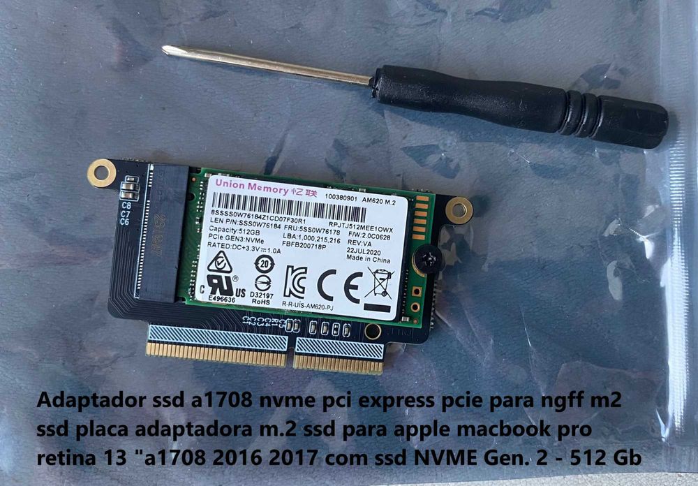 Macbook pro retina 13 "a1708 placa adaptadora - upgrade espaço disco
