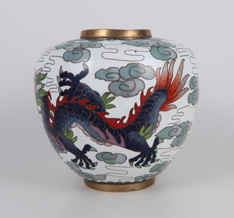 Pote sem tampa cloisonné antigo - Fênix e Dragão