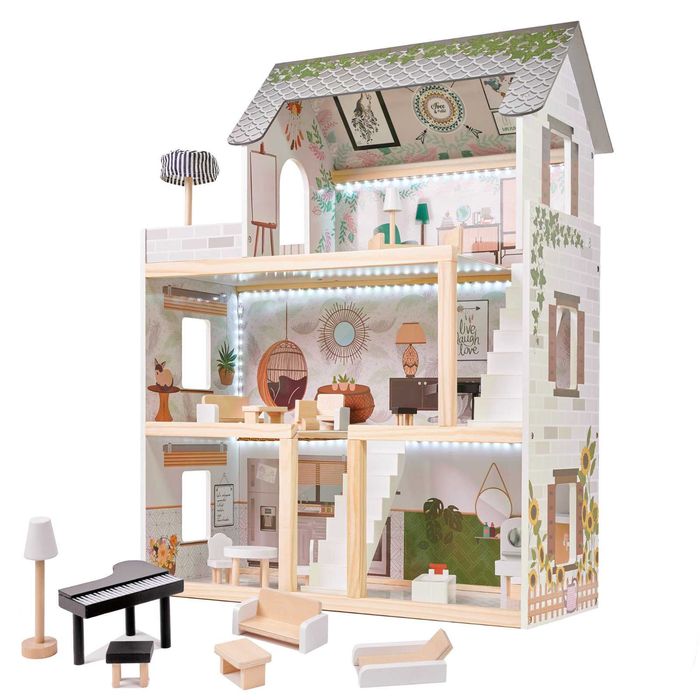 Domek dla lalek drewniany + mebelki 78cm oświetlenie LED FLORO boho