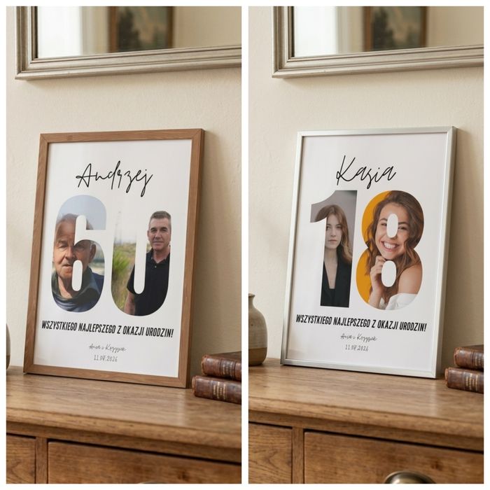 WYJĄTKOWY personalizowany plakat na urodziny – FOTOKOLAŻ W RAMIE A4