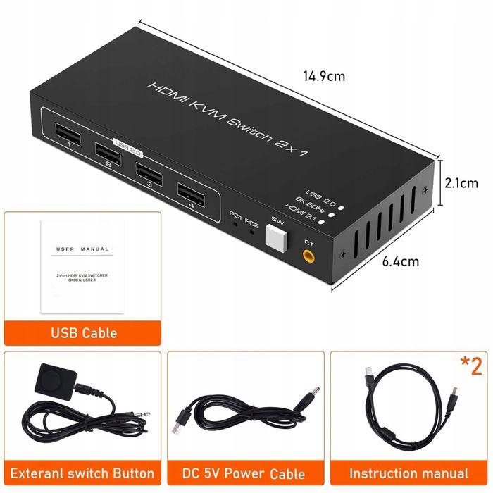 Przełącznik KVM 2x1 8K HDMI – 2-portowy przełącznik KVM HDMI 2.1