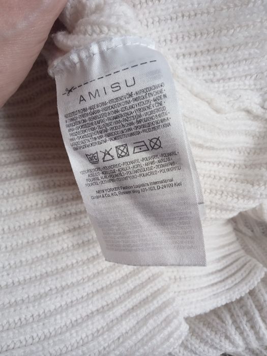 Sweter damski golf polgolf prążkowany miękki lejący pleciony splot biały M L