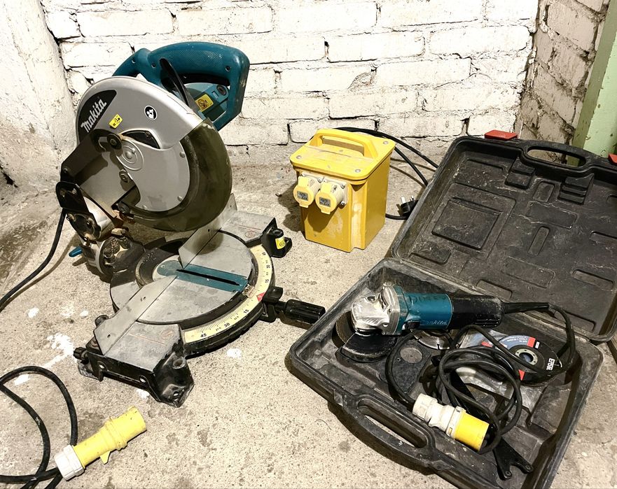 Makita Zestaw Piła Ukosowa Szlifierka i Transformator 110V